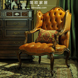 新款老虎椅欧式单人沙发咖啡厅美式实木皮艺高背椅别墅客厅沙发椅