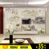 3D中式古典大理石水墨山水荷花国画壁纸餐厅客厅沙发背景墙纸壁画