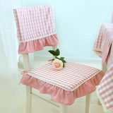 粉色小格子布艺餐桌椅垫椅背套 欧式田园荷叶边海绵椅子坐垫定制