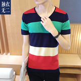 夏季t恤韩版男修身青年条纹V领学生休闲大码薄款短袖上衣体恤特价