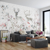 现代简约墙纸壁画 客厅电视背景墙壁纸 北欧砖墙麋鹿沙发餐厅墙布