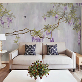 现代中式手绘墙纸 卧室电视沙发背景墙壁纸 紫藤花油画大型壁画