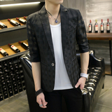 夏季中袖黑色小西装男青年韩版修身七分袖西服男士潮薄款单西外套