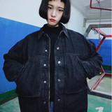 春季女装韩版新款学院风百搭简约炭黑色牛仔外套拉链宽松外套上衣