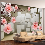 简约现代3D立体三维方块玫瑰空间壁画客厅电视背景墙壁纸创意温馨