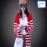 2016秋冬季新品女装红白条纹针织衫中长款直筒外套休闲单排扣毛衫