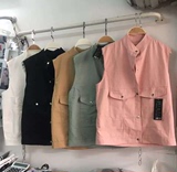 2016韩版大口袋百搭无袖纯色单排扣背心马甲 外套 女