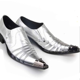 外贸原单英伦男士方头皮鞋银色日系演出潮鞋个性铁头商务休闲鞋子