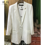 春季薄款大码修身显瘦白色麻料休闲七分袖小西装女韩版中长款外套