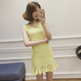 QGZ韩版V领无袖蕾丝连衣裙2016夏装新款高腰显瘦鱼尾包臀短裙U80