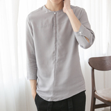 夏季潮男韩版修身七分袖衬衫亚麻男士短袖上衣t恤日系男青年中袖