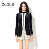 bopos2015春秋女装新款长袖雪纺修身翻领西装时尚短款黑色外套免