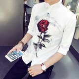 夏季潮男修身玫瑰花中袖衬衫男夏韩版青少年半袖白色五分袖衬衣服