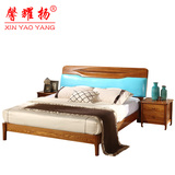 实木床 北欧宜家日式1.8米榆木双人床 现代简约卧室家具真皮软靠