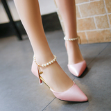 韩版春夏浅口尖头高跟鞋时尚女鞋 珍珠水钻性感脚链中跟细跟单鞋