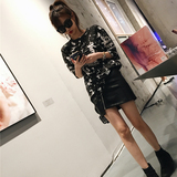 2016韩版夏季新款宽松圆领3D印染破洞黑白迷彩t恤女针织短袖上衣