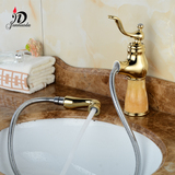欧式全铜金色抽拉式水龙头 浴室台下盆面盆洗脸盆玉石冷热水龙头