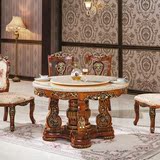 欧式大理石雕花圆形餐桌 现代简约法式描金银香槟色高档橡木饭桌
