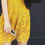 蕾丝连衣裙女夏中长款韩版甜美黄色短袖修身显瘦a字裙收腰打底裙