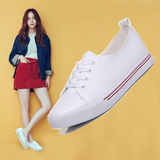 夏季休闲鞋韩版女鞋平底皮鞋小白鞋系带白色帆布鞋透气浅口学生鞋