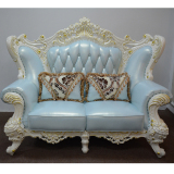 欧式真皮沙发美式雕花沙发123组合天蓝色实木客厅位三人牛皮沙发