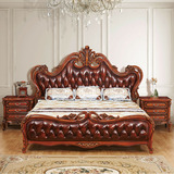 欧式双人床 美式真皮实木雕花床 1.8米大床 卧室别墅奢华家具深色