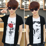 夏季青少年T恤男短袖假两件开衫薄外套韩版修身个性帅气男装衣服