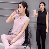 女士时尚套装女2016夏季新款纯色韩版修身V领无袖大码女装两件套