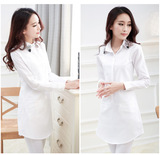 2016春季新款韩版修身百搭中长款白衬衫女上衣长袖镶钻燕尾衬衣潮