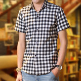 夏季男纯棉磨毛透气格子短袖衬衫 韩版修身青年学生大码休闲衬衣