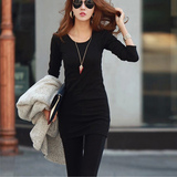 莫代尔黑色中长款打底衫女装韩版紧身包臀连衣裙秋装长袖T恤上衣