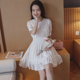 2016夏季新款韩版女裙子收腰显瘦A字裙短袖松紧腰雪纺连衣裙白色