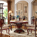 欧式大理石圆餐桌椅组合美式全实木圆形餐厅带转盘吃饭橡木桌子