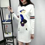 2016秋季新款韩版时尚印花减龄娃娃领长袖中长款连衣裙女潮可爱
