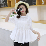 2016夏季新款韩版女装上衣白色纯棉娃娃衫宽松圆领中袖镂空衬衫潮