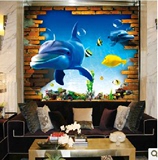 卡通儿童房背景墙纸 3d立体大型壁画 沙发客厅动物壁纸 海豚破墙