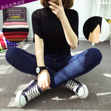 2016春装女新款韩版纯色圆领短款中袖开叉套头毛衣学生针织T恤潮
