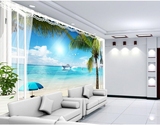 无缝5D3D大型壁画卧室客厅酒店电视沙发背景壁纸椰树大海风景墙纸
