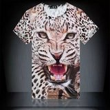 3D老虎头（猎豹头）印花图案流行日常修身青年圆领男士短袖T恤