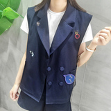 2016夏季新品韩版宽松显瘦西装领外套纯色刺绣无袖马甲女 WT4C2