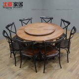 美式复古实木圆形餐桌椅组合酒店餐厅现代欧式带转盘多功能大圆桌
