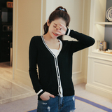 韩版针织开衫女2016秋季新款长袖V领条纹短款披肩毛衣外套空调衫