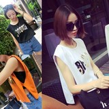 2016夏季新款女装韩版宽松侧漏短款背心亮片字母印花无袖T恤衫 潮