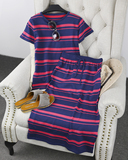 W32#夏新款女装条纹上衣半身抽绳包臀长裙两件套短袖针织衫女套装