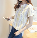 夏装韩国甜美清新彩色宽竖条纹立领短袖衬衫女棉麻上衣前短后长潮