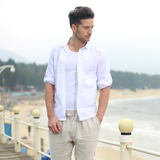 2016夏季亚麻衬衫男青少年常规薄款休闲长袖沙滩大码棉麻白衬衣潮