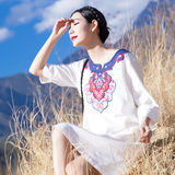 2016新款民族风女装春夏装复古中式刺绣连衣裙纯色中国风长裙