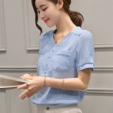 韩版棉麻女夏季休闲显瘦时尚大码宽松蓝色衬衫V领短袖t恤百搭潮