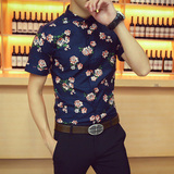 2016新款修身短袖衬衫青少年韩版中袖寸衫夜店男装夏五分袖花衬衣