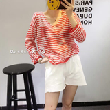 2016夏季韩版女竹节棉冰丝针织衫条纹宽松V领薄款防晒衫长袖上衣